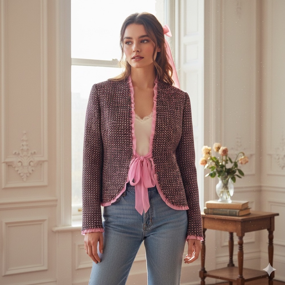 Nouveax Vintage Pink Chiffon Bow Tweed Jacket | Coquette Balletcore Chic 8P